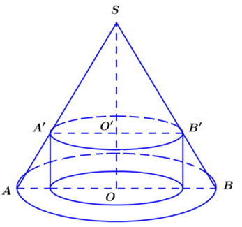Cho hình nón có chiều cao h = 10 và bán kính đáy r = 5. Xét hình trụ (ảnh 1)