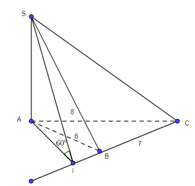 Cho hình chóp S.ABC có SA vuông góc (ABC); AB = 6; BC = 7; CA = 8 (ảnh 1)
