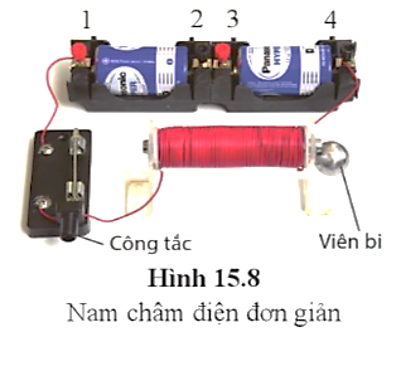 Dụng cụ  Công tắc (1), lõi nhựa (2), lõi sắt (3), đế và pin (4), cuộn dây điện (ảnh 1)