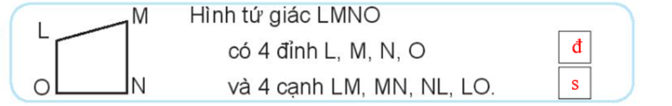 Hình tứ giác LMNO có 4 đỉnh L, M, N, O và 4 cạnh LM, MN, NL, LO (ảnh 3)