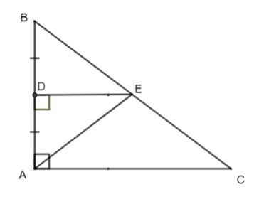 Cho tam giác ABC vuông tại A và D là trung điểm của AB. Từ D kẻ đường thẳng vuông (ảnh 1)