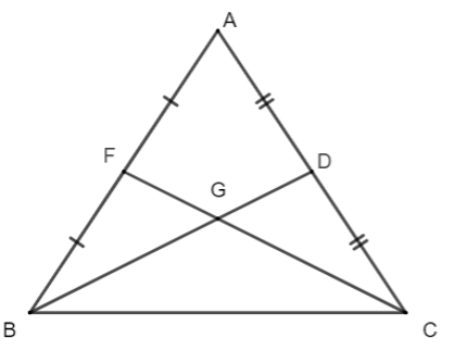 Cho tam giác ∆ABC có đường trung tuyến BD bằng đường trung tuyến CF. (ảnh 1)
