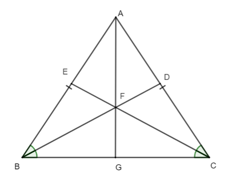 Cho ∆ABC cân tại A có BD và CE là hai đường phân giác cắt nhau tại F. Tia AF (ảnh 1)