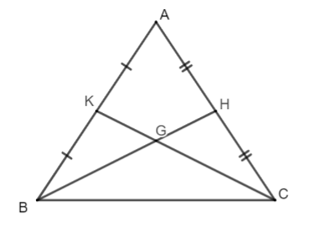 Cho tam giác ∆ABC cân tại A có hai đường trung tuyến BH và CK cắt nhau tại G. (ảnh 1)