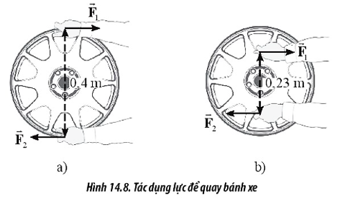 Ta cần tác dụng một moment ngẫu lực 12N.m để làm quay bánh xe như Hình 14.8 (ảnh 1)