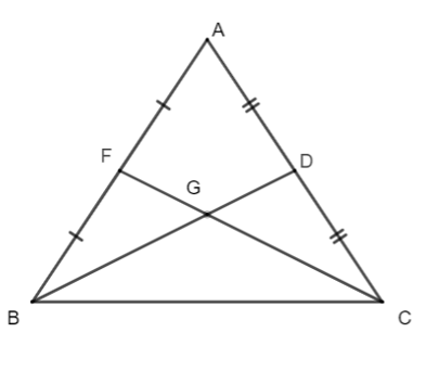 Cho tam giác ABC cân tại A có hai đường trung tuyến BD và CF cắt nhau tại G. Biết  (ảnh 1)