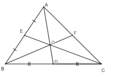 Cho tam giác ABC có hai đường trung tuyến AD và CE cắt nhau tại G. Đường thẳng BG (ảnh 1)