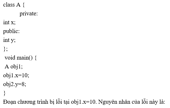 Cho đoạn chương trình sau: A. Chưa khai báo x B. Không thể truy cập vào thành phần private của lớp C. Không xác (ảnh 1)