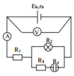 Cho mạch điện kín có bộ nguồn là 8 pin mắc nối tiếp, mỗi pin có suất điện động E0 = 1,5V, điện trở trong r0 = 0,25Ω cung cấp điện cho mạch ngoài như hình sau. Biết R1 = 2Ω, R2 là đèn (6V – 6W), R3 = 4Ω, R4 là điện trở của bình điện phân chứa dung dịch CuSO4 dương cực tan với R = 8Ω. Ampe kế có điện trở không đáng kể và vôn kế có điện trở rất lớn (ảnh 1)