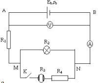 Cho mạch điện như hình vẽ . - Bộ nguồn Eb = 8V, rb = 0,8Ω - Cho R1 = 1,2Ω; R2 (6V-6W), R3 = 2Ω là điện trở của bình điện phân đựng dung dịch AgNO3 với cực dương bằng Ag ; R4 = 4Ω . Bỏ qua điện trở của các dây nối ,Vôn-kế có RV rất lớn, Ampe-kế có RA = 0 và giả sử điện trở của đèn không thay đổi . Biết Ag = 108 , n = 1 (ảnh 1)