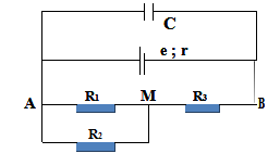 Cho mạch điện như hình vẽ. Nguồn điện có suất điện động e =10 V, điện trở trong r =1 Ω . Các điện trở R1 = 3 Ω , R2 = 6 Ω , R3 = 2 Ω , C = 4µF. Tính a) Cường độ dòng điện qua nguồn và điện tích của tụ. b) Công suất tiêu thụ mạch ngoài và hiệu suất nguồn.   (ảnh 1)