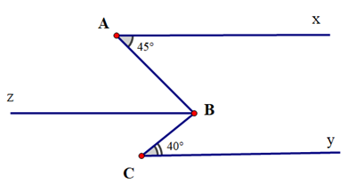 Cho hình vẽ: Biết Ax // Bz // Cy. Tính số đo góc ABC A. góc ABC = 85^o; B.  góc ABC = 90^o; C. góc ABC = 95^o; D. góc ABC = 105^o...