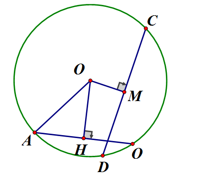 Cho đường tròn (O; 3cm), AB = 4 cm.  a) Tính khoảng cách từ tâm O đến dây AB. (ảnh 1)