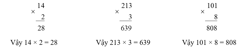 Đặt tính rồi tính: a) 		14 × 2				213 × 3			101 × 8 ………………….		………………….		…………………. ………………….		………………….		…………………. (ảnh 1)