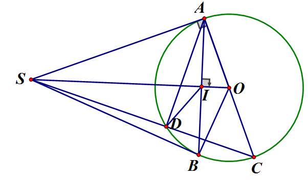 Cho đường tròn tâm O bán kính 3 cm và một điểm S sao cho OS = 5cm. Từ S kẻ (ảnh 1)
