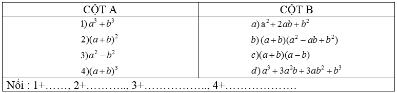 Nối cột A với cột B để được hằng đẳng thức đúng (ảnh 1)