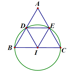 Cho tam giác đều ABC. Vẽ đường tròn (I) đường kính BC cắt cạnh AB, AC (ảnh 1)