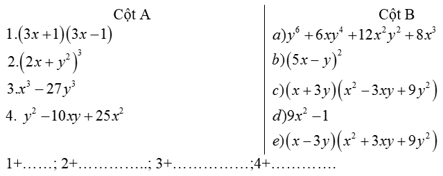 Nối mỗi biểu thức ở cột A với một biểu thức ở cột   để được một hằng đẳng thức đúng: 1. (3x+1)(3x-1) (ảnh 1)