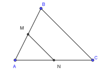 Cho tam giác ABC có M, N lần lượt là trung điểm của AB và AC như hình vẽ. (ảnh 1)