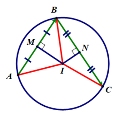 Tọa độ tâm I của đường tròn đi qua ba điểm A(0; 4), B(2; 4), C(4; 0) là: (ảnh 1)