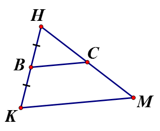 Cho tam giác HKM . Gọi B là trung điểm cạnh HK, Qua B kẻ đường thẳng song song với KM, cắt HM tại C (ảnh 1)