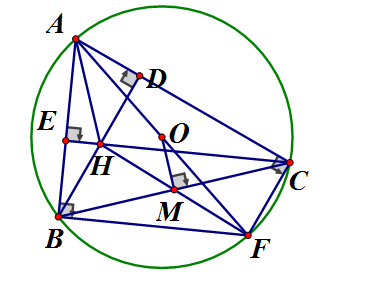 Cho tam giác ABC nội tiếp đường tròn (O), hai đường cao BD, CE cắt nhau tại H. (ảnh 1)