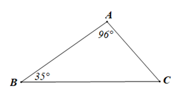 Cho tam giác ABC có góc A = 98 độl góc B = 35 độ (ảnh 1)