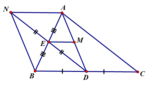 Cho tam giác ABC trung tuyến AD, gọi E là trung điểm của AB, N là điểm đối xứng của điểm D qua E. (ảnh 1)