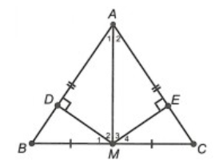 Cho tam giác ABC cân tại A, M là trung điểm BC. Gọi D, E lần lượt  (ảnh 1)