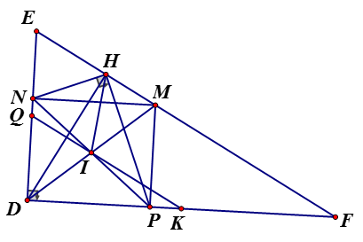Cho tam giác DEF vuông tại D, DE < DF . Lấy điểm M trên cạnh huyền EF sao cho  ME > MF (ảnh 1)