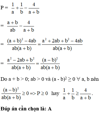 Cho a ≥ b > 0. Khẳng định nào đúng?  A. 1/a+ 1/b lớn hơn bằng 4/ a+b (ảnh 1)