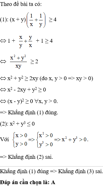 Cho x > 0; y > 0. Tìm khẳng định đúng trong các khẳng định sau?  A. (x+y)(1/x+1/y (ảnh 2)