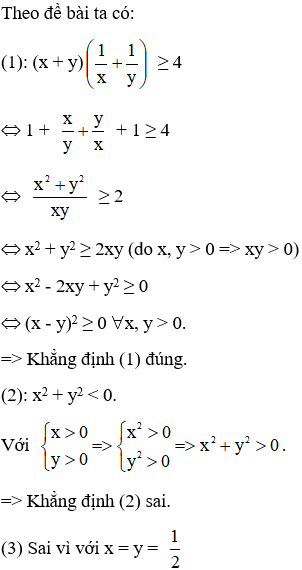 Cho x > 0; y > 0. Tìm khẳng định đúng trong các khẳng định sau? (1) 1/x+1/y lớn hơn bằng 4/ x+y (ảnh 2)