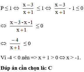 Giá trị của x để biểu thức P = (x-3)/(x+1) có giá trị không lớn hơn 1  A. x lớn hơn bằng -1 (ảnh 1)