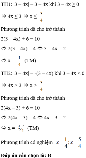 Phương trình 2trị tuyệt đối của 3 – 4x + 6 = 10 có nghiệm là (ảnh 1)