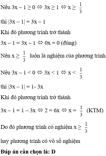 Số nghiệm của phương trình trị tuyệt đối của 3x – 1= 3x – 1 là (ảnh 1)