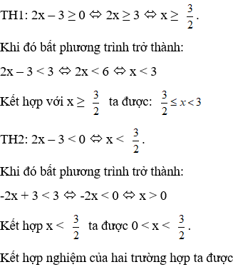 Nghiệm của bất phương trình trị tuyệt đối của 2x – 3 < 3 là: (ảnh 1)