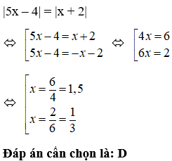 Phương trình trị tuyệt đối của 5x – 4 = trị tuyệt đối của x + 2 có nghiệm là (ảnh 1)