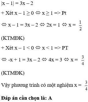 Nghiệm của phương trình trị tuyệt đối của x – 1 = 3x – 2 là: (ảnh 1)