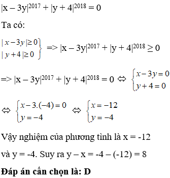 Giải phương trình trị tuyệt đối của x – 3y^2017 + trị tuyệt đối của y + 4^2018 = 0 ta được nghiệm (x; y). Khi đó y – x bằng (ảnh 1)