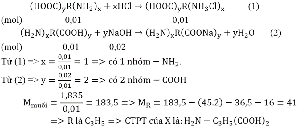 X là một amino axit. Khi cho 0,01 mol X tác dụng với HCl thì dùng hết 80 ml dung dịch HCl 0,125M và thu được 1,835 gam muối khan. Còn khi cho 0,01 mol X tác dụng với dung dịch NaOH thì cần dùng 25 gam dung dịch NaOH 3,2%. Hãy đề xuất công thức cấu tạo của X. (ảnh 1)