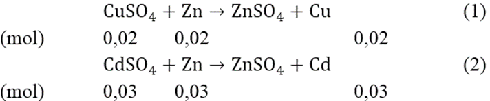 Nhúng thanh kim loại kẽm vào một dung dịch chứa hỗn hợp 3,2 gam CuSO4 và 6,4 gam CdSO4. Hỏi sau khi Cu và Cd bị đẩy hoàn toàn khỏi dung dịch thì khối lượng thanh kẽm tăng hay giảm bao nhiêu? (ảnh 1)