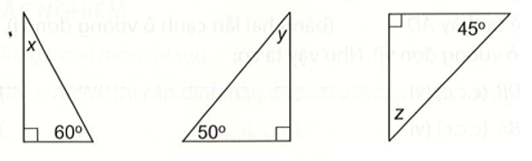 Các số đo x, y, z trong mỗi tam giác vuông dưới đây bằng bao nhiêu độ? (ảnh 1)