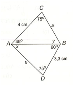 Cho các điểm A, B, C, D như hình vẽ dưới đây. Hãy tính các độ dài a, b và số đo góc x, y. (ảnh 1)