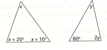 Tính các số đo các góc x, y trong các tam giác dưới đây. (ảnh 1)