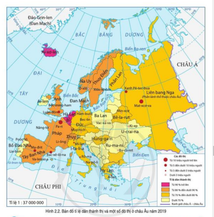 Dựa vào hình 2.2, em hãy cho biết dân cư châu Âu tập trung chủ yếu ở đâu? (ảnh 1)