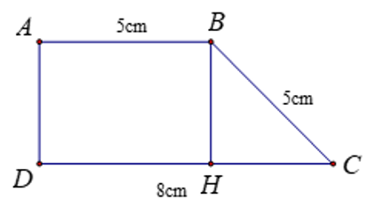 Cho hình vẽ, biết AB = BC = 5 cm, DC = 8 cm. Diện tích của tam giác HBC là (ảnh 1)
