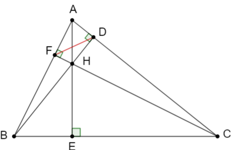 Cho ABC có ba góc nhọn (AB < AC) có ba đường cao AE, BD, CF cắt nhau tại H. a) Chứng minh: tam giác ABD đồng dạng với tam giác ACF. (ảnh 1)