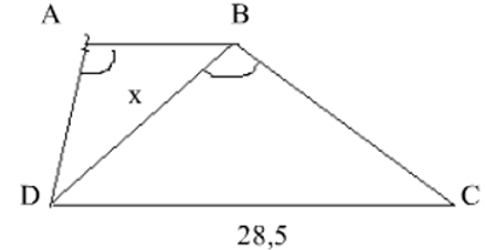 Cho hình bên, ABCD là hình thang ( AB//CD ) có AB = 12,5cm; CD = 28,5cm; DABˆ = DBCˆ (ảnh 1)