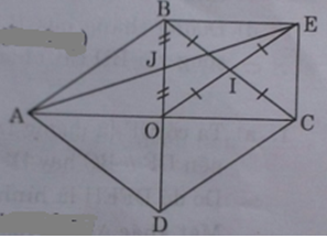 Cho hình thoi ABCD có O là giao điểm hai đường chéo. Gọi I là trung điểm cạnh BC và E là điểm (ảnh 1)